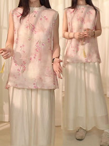 Shalldoer | New Chinese Style Floral Print Two-Piece Set Womens Sleeveless Slimming Wide Leg Pants Summer Vintage Shirt And Pants Ensemble