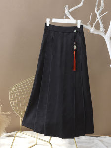 New 2025 Chinese Style High Waist Pleated Commuter Skirt Semi-Body Spring Summer Fashionable Vintage Pocket Detail Midi Skirt