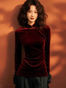 Red Velvet Top Womens Fashion Chinese Style Design Sensation Waist Cinching Slimming Large Size Button up Casual Wear