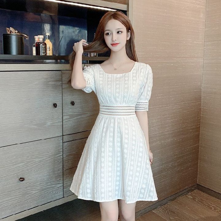 ELF TRIBE New Hollow Lace Waist A-Line White Short Sleeve Dress for Women