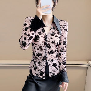 REHIN เสื้อแขนยาวตาข่ายรวมตัวกำมะหยี่คอวีของผู้หญิงดีไซน์เอวเข้ารูปพอดีเสื้อฤดูหนาวฤดูใบไม้ร่วงที่หรูหรา