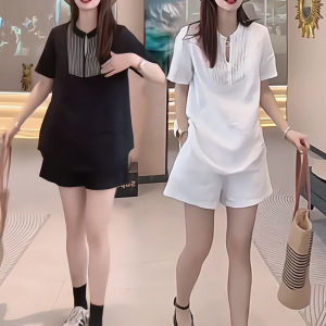 Fashionable Simplicity Two-Piece Set Polyester Suit for Women Short Sleeve Stand Collar Pullover Dress Big Size Shorts