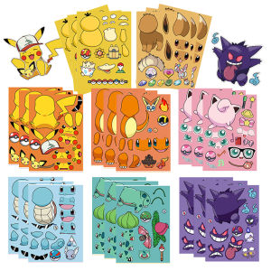 32Sheets Children DIY Puzzle Sticker Pokemon Face Funny Anime Pikachu Assemble Stickers Kids Toys Boys Girls Gifts