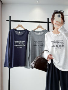 Áo Thun Cotton Dài Tay Cổ Tròn in Chữ Dáng Rộng Cho Nữ Mùa Thu Mới Về Áo Lót Ôm Vừa Vặn Vai Thường