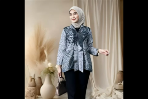 Kebaya Batik Wanita Atasan Blus Lengan Panjang Biru Kutubaru Kartini Modern Kantor Kondangan Terbaru