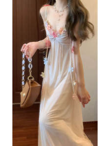 CHANGTONG | Unique Resort-Style V-Neck Flower Fairy Strap Maxi Dress