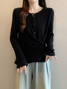 เสื้อยืดแขนยาวทรงเข้ารูปไซส์ใหญ่สำหรับผู้หญิง ฤดูใบไม้ร่วง 2025 เสื้อผ้าทำงานสไตล์เกาหลี ทรงหลวม ไม่มีหมวก ผ้าฝ้าย ปกติ