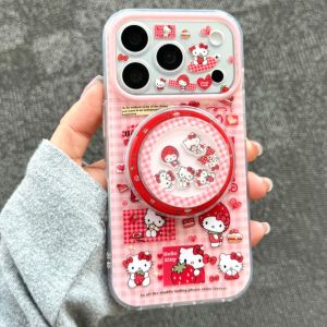 Sanrio | Cute Full Screen Strawberry Hello Kitty Magnetic Phone Case For iPhone 17 16 15 14 Pro Max 17 Lens Protective Shockproof Cover