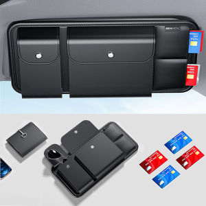 กระเป๋าที่เก็บของม่านบังแดดรถยนต์แบบ4อิน1กระเป๋าหนัง PU พรีเมี่ยมกล่องแว่นตาหรูหรากระเป๋าเก็บบัตรสายรัดยืดหยุ่น