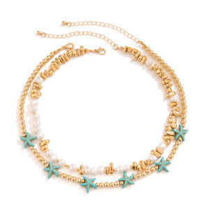 Retro 2-Piece Set Sea Star CCB Necklace Vacation Coastal New Trend Clavicle Chain Jewelry Adult Multi-Layer Online Exclusive