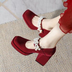 French Velvet High Heels Womens Chunky Heel Red Chinese Show Heel Wedding Shoes New Bride Shoes Square Head Mary Pearl Single Shoes