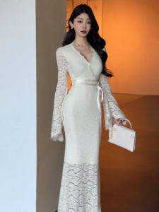 qiaocong | V-Neck Bell Sleeve Lace Dress with Waist Cincher