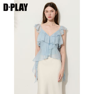 D-PLAY | Elegant French V-Neck Ruffled Hem Cinched Waist Blouse