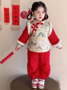 ชุดเด็กสไตล์จีนสำหรับต้อนรับปีใหม่ ชุดกันหนาวแบบหนาสำหรับเด็กผู้หญิง เสื้อผ้าผ้าไหมแดงสำหรับเด็กและทารก ชุดกันหนาวสำหรับเด็ก