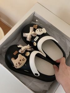 Cute Cat Patterned Womens Slip-On Sandals Anti-Slip Thick Bottom Outdoor Wear Summer Flat Heel Casual EVA Hollow out Shoes