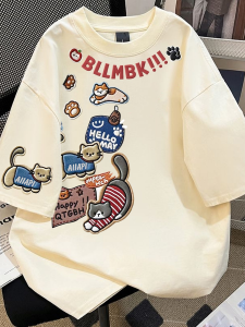 Pure Cotton Short Sleeve T-Shirt for Girls Summer Fun Cute Cartoon Cat Letter Print Loose Oversize Breathable Casual Style