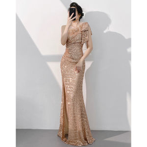 High-End New Rose Gold Host Style Mermaid Sequin Evening Dress