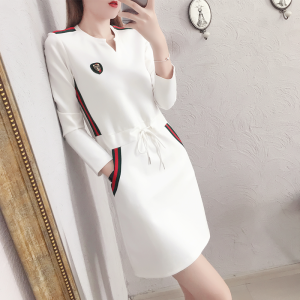 Autumn Winter plus Size Womens Casual White Fragile Style Dress Slimming Small Size Womens Dress Summer Cotton Blend Long Sleeve V Neck