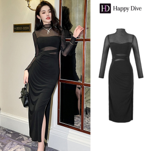 Happy Diva เดรสผู้หญิง เดรสสีดำ สีแดง สีฟ้า เดรสแขนยาว เดรสไฮโซ เดรสออกงาน เดรสตาข่าย เดรสเซ็กซี่ เดรสฝรั่งเศส 20733