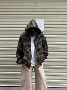 Camouflage Zippered Hooded Sweatshirt Male Vintage Streetwear Youth