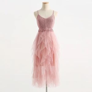 French Niche Dress Knitting V Neck Backless Stitching Asymmetrical Layers of Mesh Cake Dress Internet Celebrity Suspender Skirt