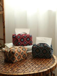 Soft Bamboo Wood Fabric Tissue Box Holder Vintage Chinese Style Bedroom Living Room Drawstring Tissue Paper Storage Cover