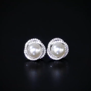 Dainty Twisted Zirconia Flower Earrings with Pearl Accent – Elegant Sweet Studs for Work & Daily Fashion