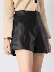 Black PU Leather Short Pants Womens High Waist Wide Leg A-Line plus Size Slimming Outerwear Fashionable Korean Style Commute