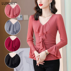 LUXURY Queen 2023 Autumn New High End Slim Fit and Slim Fashionable Flare Sleeves Ruffled Mesh Womens Blouses