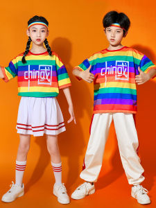 Children's Sports Carnival Opening Ceremony School Uniforms Dance Performance Outfits Orange Polyester Fabric for Girls