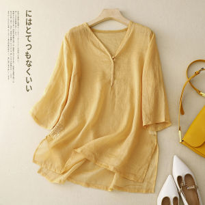 Retro Embroidered Cotton Linen Shirt Large Size Womens Lace Patchwork V-neck Mid-length Versatile Open-front Top