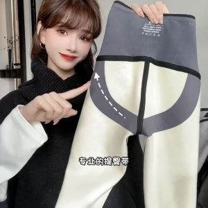 กางเกงขายาวทรงสลิมฟิตทรงสลิมฟิตเอวสูงบุขนแกะพร้อมซิปและกระดุมสำหรับผู้หญิงจาก Kaka Flagship Store ชุดคลุมท้องเพื่อเสริมหน้าท้องและกระชับสัดส่วน