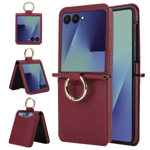 szhaiyu | Premium Leather Crossgrain Card Pocket Phone Case For Samsung Galaxy Z Flip 8 7 6 5 4 With Metal Ring Holder Shockproof Cover