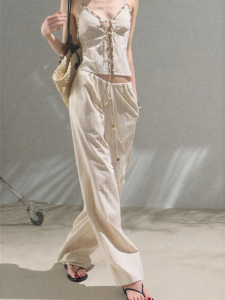 OAKMOO | Bộ Áo Cotton Linen Màu Khối Dây Rút Chéo