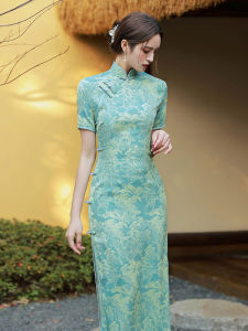 Young Womens Green Long Cheongsam Dress Vintage Style Floral Pattern Short Sleeve Low Slit Daily Wear Polyester Fiber