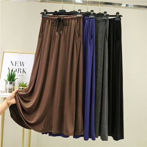 Slim A-Line Skirt Midi Black Modal Womens Base Layer Summer Draping Skirt for Outerwear High Waist Long Dressing Pocket