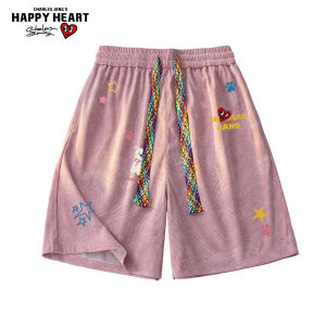 CHARLES JANGS HAPPY HEART | Summer Lightweight Graffiti Bear Print Textured Tie Dye Shorts