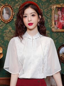 Horse-Face Skirt New Chinese Style Shirt Short Sleeve Shirt with White Stand Collar Han Elements Improved Hanfu Tops Women