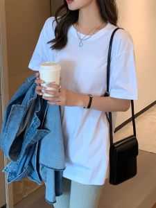 Womens Loose Fit Cotton T-Shirt White Short Sleeve Mid-Length Summer New Style Comfortable Breathable Casual round Neck Top