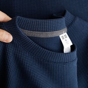 Retro White Blue Long Sleeve T-Shirt Loose Men Women Base Layer Casual Top Heavyweight Waffle Pattern Autumn Spring Fashion