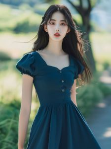 Elegant Blue Bubble Sleeve Dress French Tea Break Beautiful Slimming Midi Dress Sweet Gentle Style Summer A-Line Dress