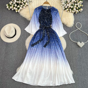 Retro Summer Gradient Color A-Line Pleated Dress Womens High Waist Slim Fit round Neck Seven Sleeve Midi Dress Korean Style