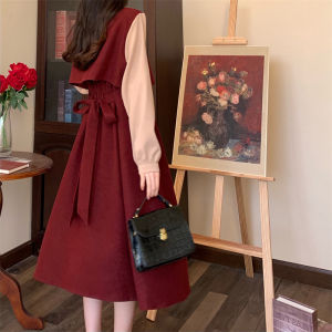 Plus Size Womens Clothing Autumn and Winter College Style Patchwork Fake Two-Piece Skirts Plus Size Ladies Retro Slimming Youthful-Looking Corduroy Dress