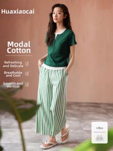 Bra-Padded Short-Sleeved and Long-Pants Pajama Set For Summer Wearing and Outwear Modal Cotton