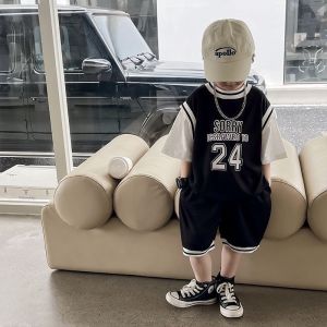 Boys Summer Sportswear Set Short Sleeve T-Shirt Casual Clothes Handsome Fake Two-Piece Childrens Clothing Korean Style Kids Outfits