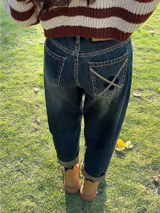 MANMI | Quần Jeans Vintage Cao Cổ Thêu Rộng Đùi