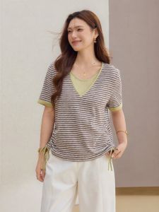 QLX | Fake Two-Piece Stripe Knitwear Waist-Tie V-Neck Plus-Size Top