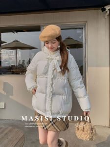 Maxixi Womens Padded Jacket with Belt Hooded Duck down Oversize Warm Outerwear Floral Edge Winter Coat Comfortable Nylon