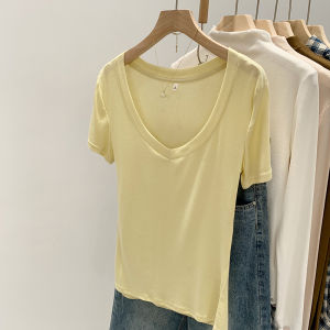 Áo Thun Nữ Tay Ngắn Cổ Chữ V Thiết Kế Ôm Vừa Vặn Mùa Hè 2025 Áo Thun Nữ Phong Cách Hàn Quốc Thường Ngày Màu Trơn