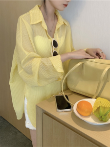 Womens Umbrella Sunglasses Shirt Outerwear Spring Autumn Striped Shirt Summer Thin Loose Fit Long Sleeve Mid Length Dress